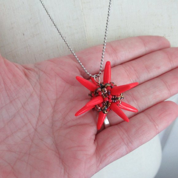 Handwoven Red Spiked Beaded Bead Pendant - Picture 2 of 8